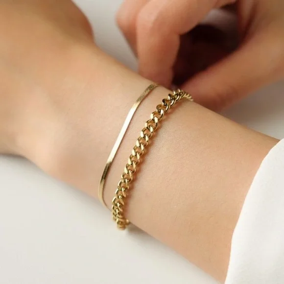 Herringbone Curb Chain Bracelet Set | Gold plated Stainless steel - Picture 3 of 3